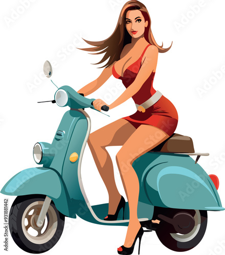 Beautiful woman riding blue retro scooter