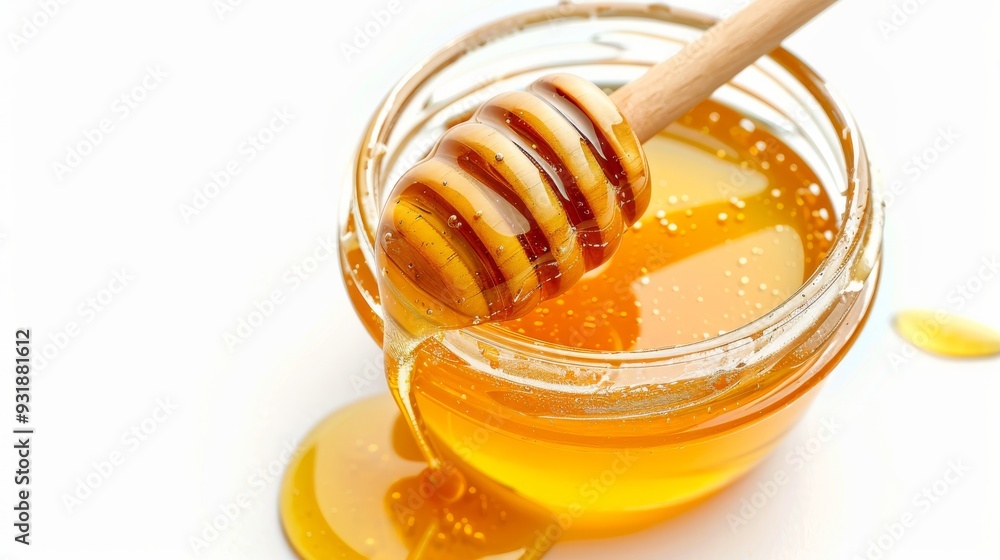 Glass jar full of honey on a white background Glass jar full of honey on a white background