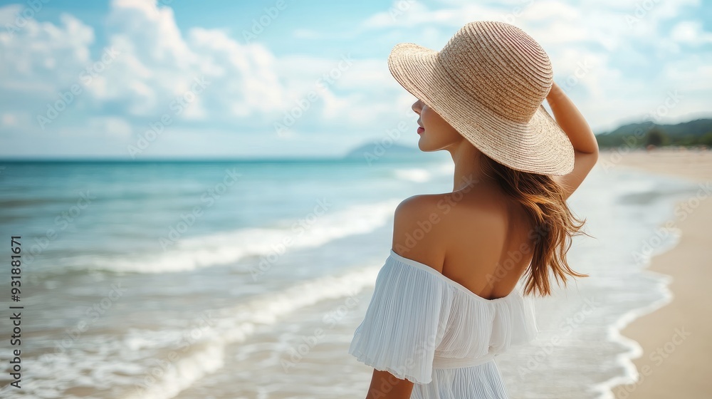 On the beach, unwinding is a stunning young lady wearing a white dress and a straw hat. Savor your weekend or trip. On the beach, unwinding is a stunning young lady wearing a white dress and a straw hat. Savor your weekend or trip.