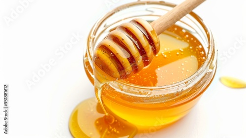 Glass jar full of honey on a white background