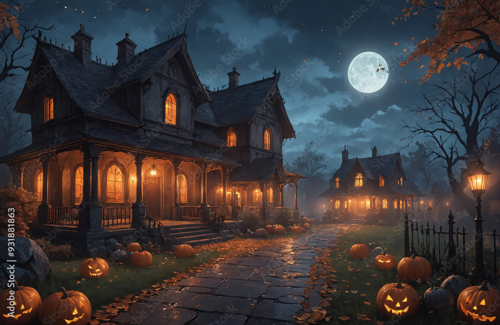 3d halloween render haunted house moon night pumpkin 3d halloween render haunted house moon night pumpkin