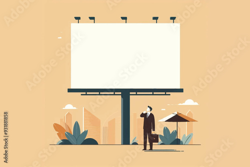 illustration of smart businessman standing looking at a blank billboard with a city background, as a symbol of business planning