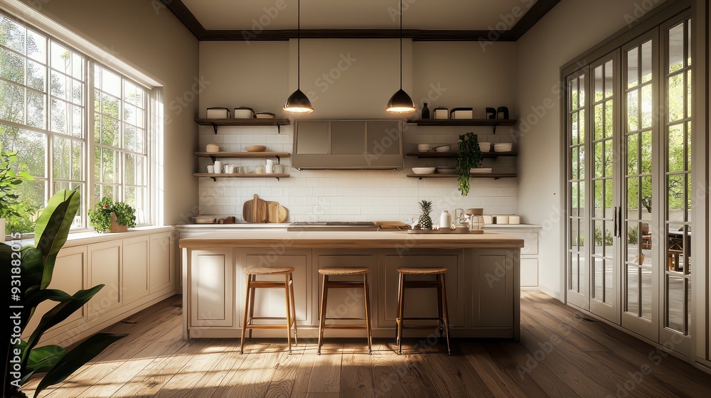 A kitchen with a large island and a window. The kitchen is very clean and well-lit A kitchen with a large island and a window. The kitchen is very clean and well-lit
