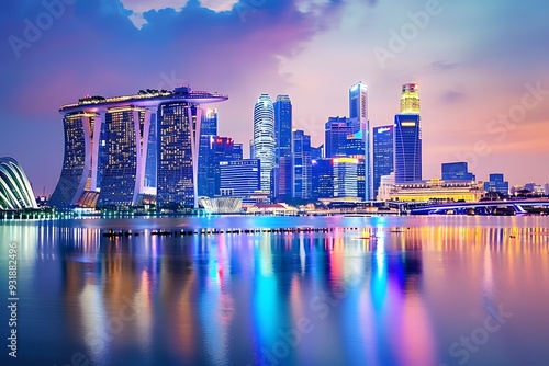 Stunning Night View of Singapore's Skyline with Reflections in the Water