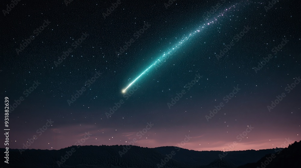 Fototapeta premium Comet Gliding Through the Night, a breathtaking display of a bright comet soaring across a starry sky, its vibrant tail illuminating the darkness with cosmic beauty