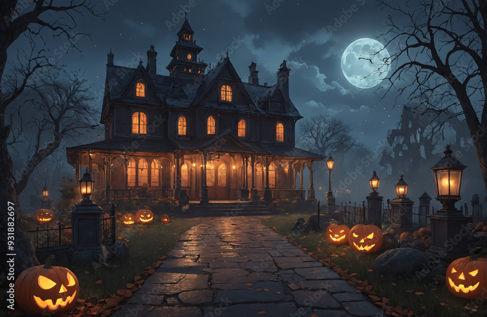 3d halloween render haunted house moon night pumpkin 3d halloween render haunted house moon night pumpkin