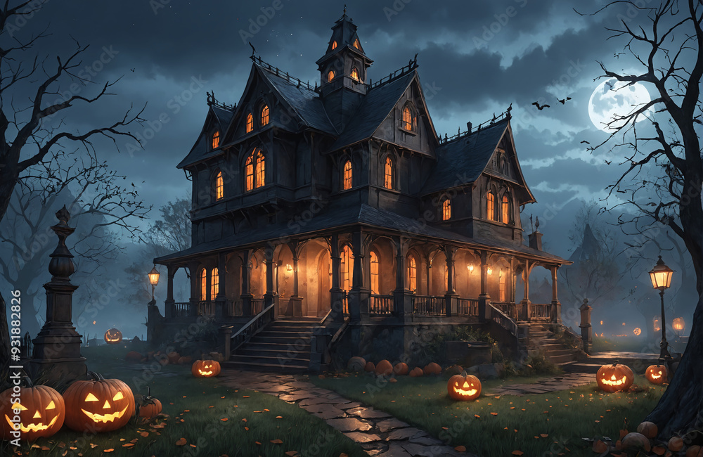 3d halloween render haunted house moon night pumpkin 3d halloween render haunted house moon night pumpkin