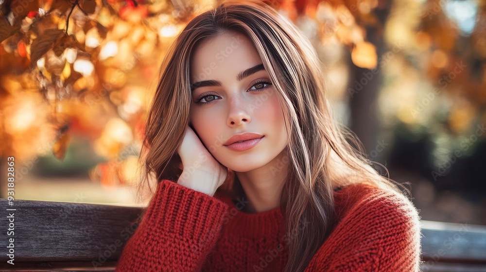 An atmospheric photo taken in autumn. A stunning woman in a red sweater, crafted by hand, sitting on a bench in a park during autumn. Outdoor lifestyle portrait. Caucasian model with long hair sportin An atmospheric photo taken in autumn. A stunning woman in a red sweater, crafted by hand, sitting on a bench in a park during autumn. Outdoor lifestyle portrait. Caucasian model with long hair sportin