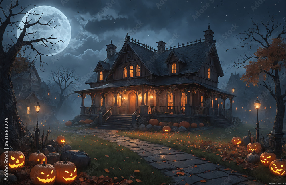 3d halloween render haunted house moon night pumpkin 3d halloween render haunted house moon night pumpkin