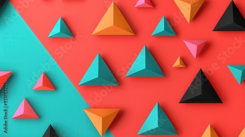Free Download Triangular Harmony, an abstract landscape of floating 3D triangles, showcases vibrant colors and smooth gradients, creating a captivating geometric experience in flat design. - GFXLoad