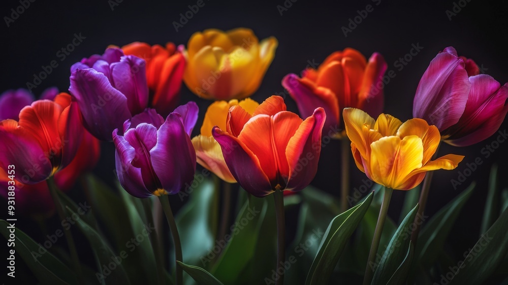 Close-up view of a cluster of colorful tulips with rich, saturated hues and smooth, velvety petals, capturing their elegance and charm. Close-up view of a cluster of colorful tulips with rich, saturated hues and smooth, velvety petals, capturing their elegance and charm.