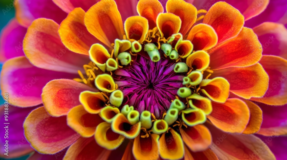 Close-up view of a colorful zinnia with vivid petals and a central disk, showcasing its bright, cheerful colors and intricate patterns. Close-up view of a colorful zinnia with vivid petals and a central disk, showcasing its bright, cheerful colors and intricate patterns.
