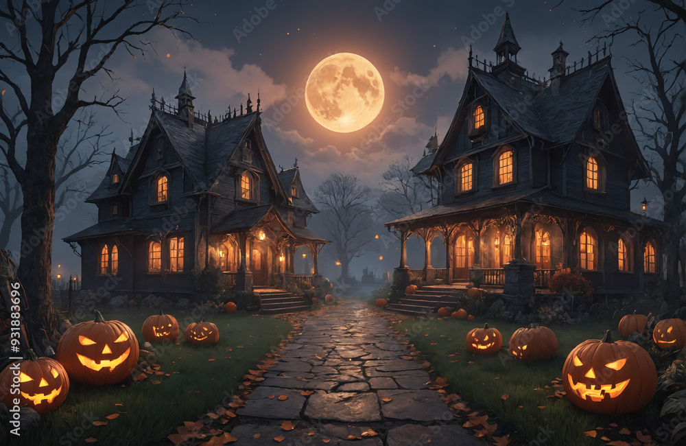 3d halloween render haunted house moon night pumpkin 3d halloween render haunted house moon night pumpkin