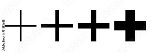 Plus symbol. Addition sign. Different sizes. Sharp corners. EPS 10