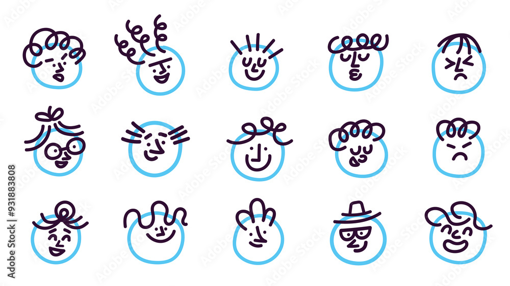 Funny happy smiling and sad various faces with different emotions set. Simple flat doodle collection. Hand-drawn abstract colored faces. Positive and negative concept Funny happy smiling and sad various faces with different emotions set. Simple flat doodle collection. Hand-drawn abstract colored faces. Positive and negative concept