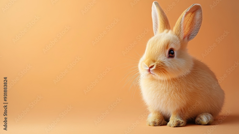 A fluffy bunny sits on an orange background its long ears perk up and its whiskers twitch capturing the essence of its gentle spirit