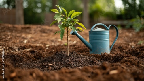 Close-up view of a newly planted tree surrounded by mulch and watering can, illustrating the care and attention given to nurturing the sapling.