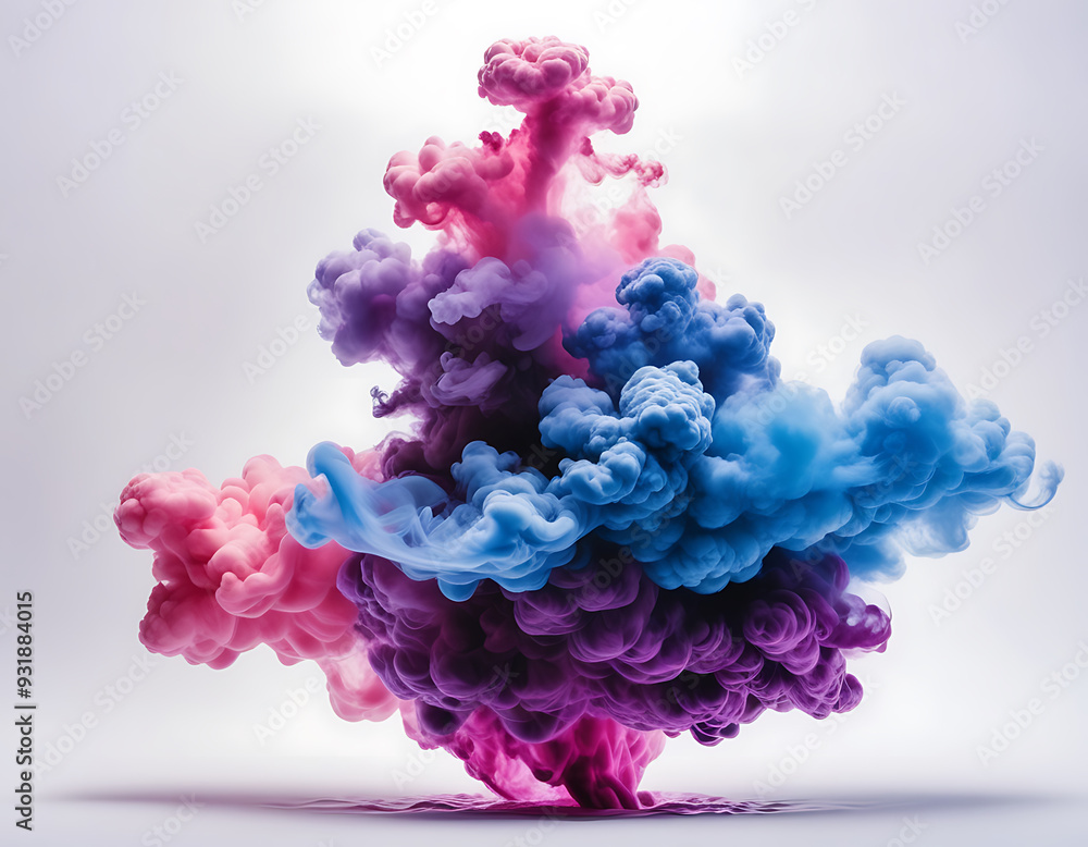Fototapeta premium Abstract smoke on white background with copy space. Fancy dream cloud of ink underwater. Purple, blue and pink colors,
