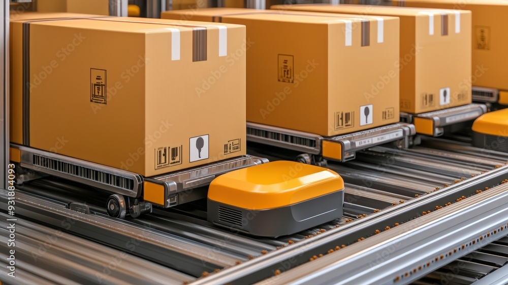 Automated warehouse system with boxes moving on conveyor and robot ...