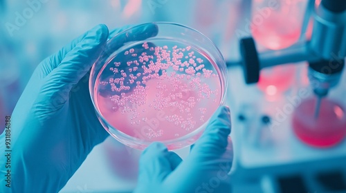 A geneticist holding a petri dish with cultured cells, surrounded by laboratory equipment, with a light solid color background