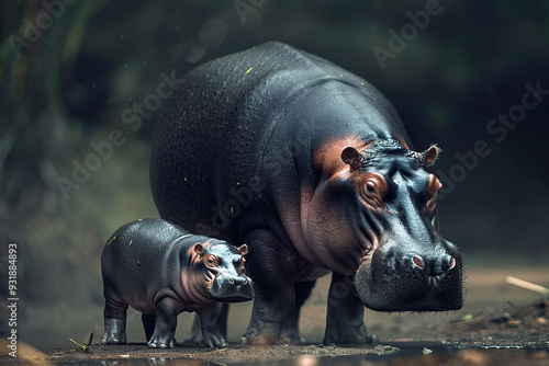 Captivating side view of a mother hippopotamus and her calf standing together in a serene natural habitat, showcasing the bond between them. Wildlife Animals.