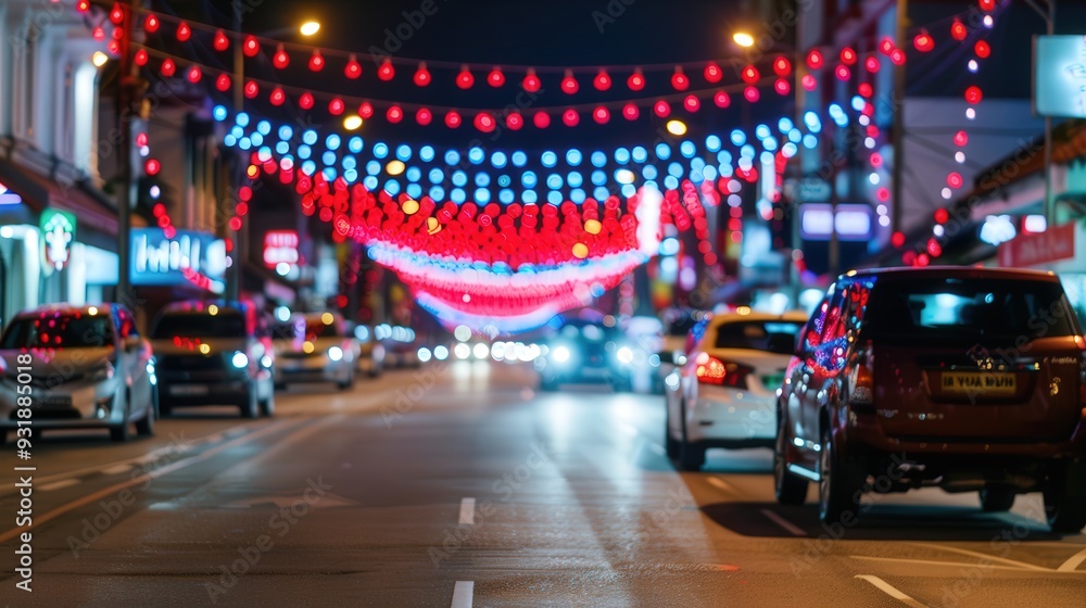 Vibrant street adorned with red, white, and blue lights, festive atmosphere celebrating Malaysia Day, symbolizing unity and cultural pride among the community. Vibrant street adorned with red, white, and blue lights, festive atmosphere celebrating Malaysia Day, symbolizing unity and cultural pride among the community.