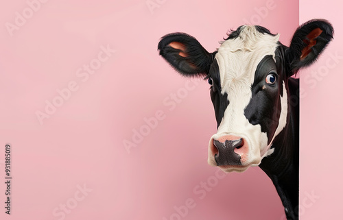 Curious cow peeks around a corner with a surprised expression against a pink background. Farm animals. photo