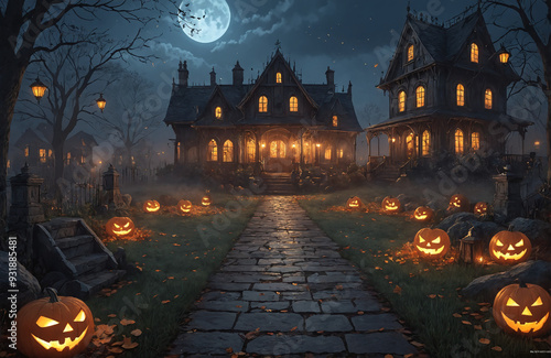 3d halloween render haunted house moon night pumpkin