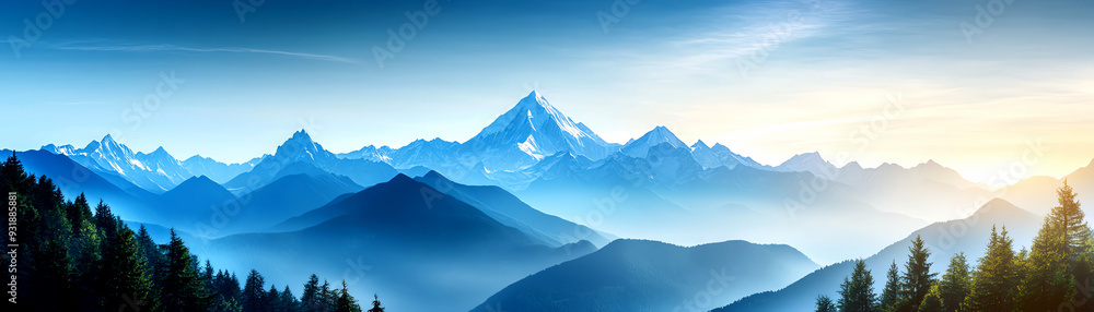 Breathtaking view of majestic mountains at sunrise, showcasing the beauty of nature with serene blue tones and lush green forests. Breathtaking view of majestic mountains at sunrise, showcasing the beauty of nature with serene blue tones and lush green forests.