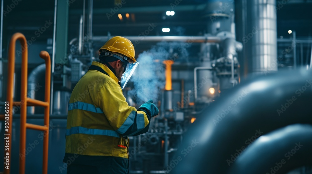 A geothermal engineer in safety gear inspecting a steam vent in a geothermal power plant, surrounded by equipment A geothermal engineer in safety gear inspecting a steam vent in a geothermal power plant, surrounded by equipment