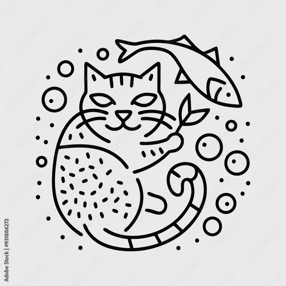 Cat-catching fish vector outline illustration design. Cat-catching fish vector outline illustration design.