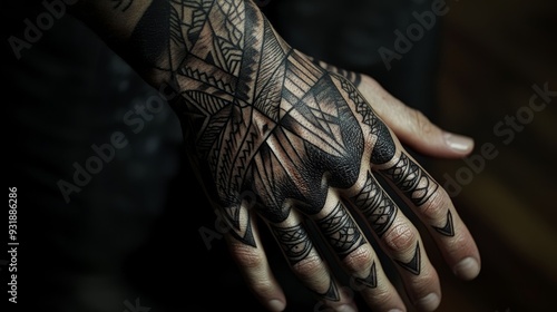 A close-up of a hand tattoo featuring a geometric design with interlocking triangles and precise lines