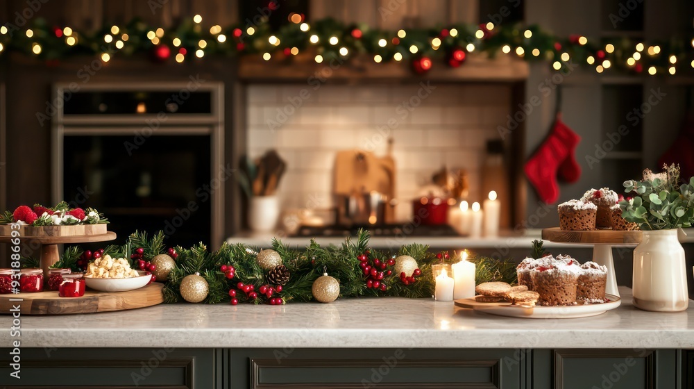 A kitchen counter is decorated with a Christmas tree and a variety of food items, including cookies, cakes, and fruit. The scene conveys a warm and festive atmosphere A kitchen counter is decorated with a Christmas tree and a variety of food items, including cookies, cakes, and fruit. The scene conveys a warm and festive atmosphere