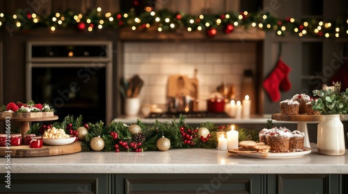 Wallpaper Mural A kitchen counter is decorated with a Christmas tree and a variety of food items, including cookies, cakes, and fruit. The scene conveys a warm and festive atmosphere Torontodigital.ca