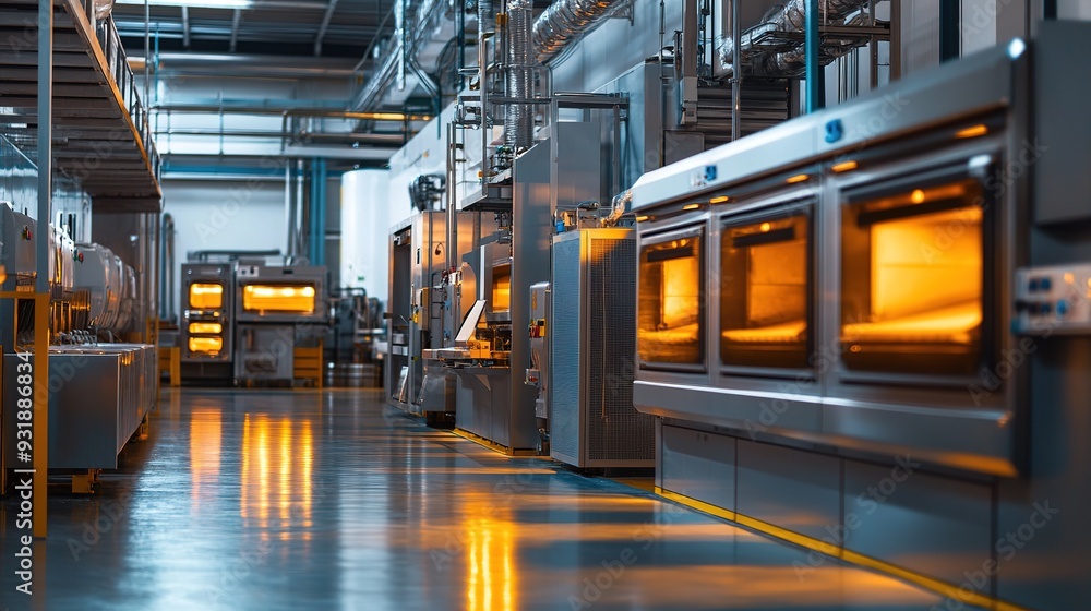 A factory setting with large industrial ovens and cooling systems used in the food processing industry A factory setting with large industrial ovens and cooling systems used in the food processing industry