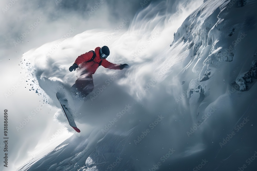 Dynamic Snowboarder Carving Through Powdery Snow in a Majestic Mountain Landscape Dynamic Snowboarder Carving Through Powdery Snow in a Majestic Mountain Landscape
