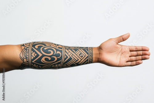 Arm with tribal tattoo on white background photo