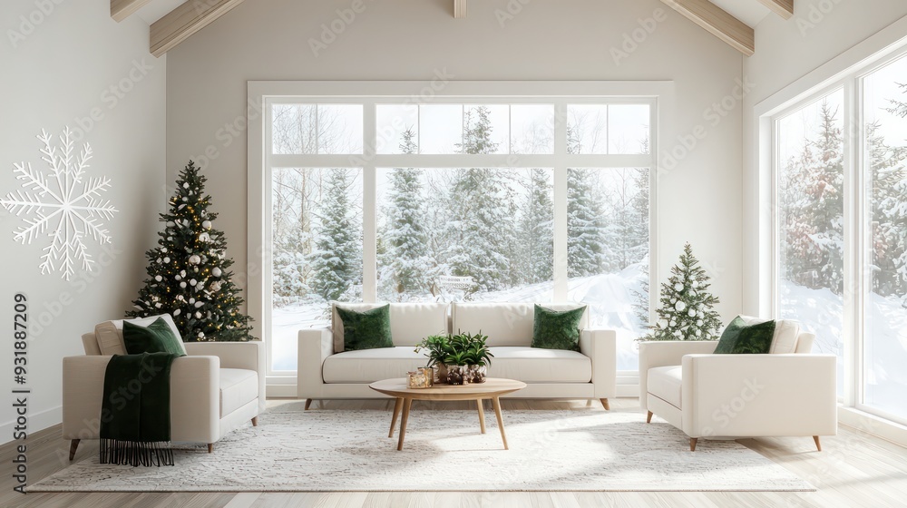A living room with a white couch, two chairs, and a coffee table. The room is decorated with a Christmas tree and a snowflake decoration. The room has a cozy and festive atmosphere A living room with a white couch, two chairs, and a coffee table. The room is decorated with a Christmas tree and a snowflake decoration. The room has a cozy and festive atmosphere
