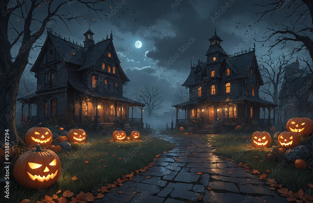 3d halloween render haunted house moon night pumpkin 3d halloween render haunted house moon night pumpkin