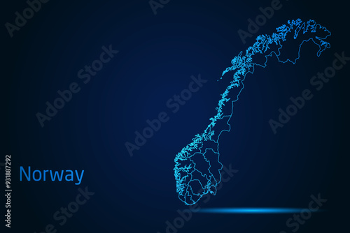 Abstract High Detailed Glow Blue Map on Dark Background of Map of Norway symbol for your web site design map logo, app, Travel. Vector illustration eps 10.	
