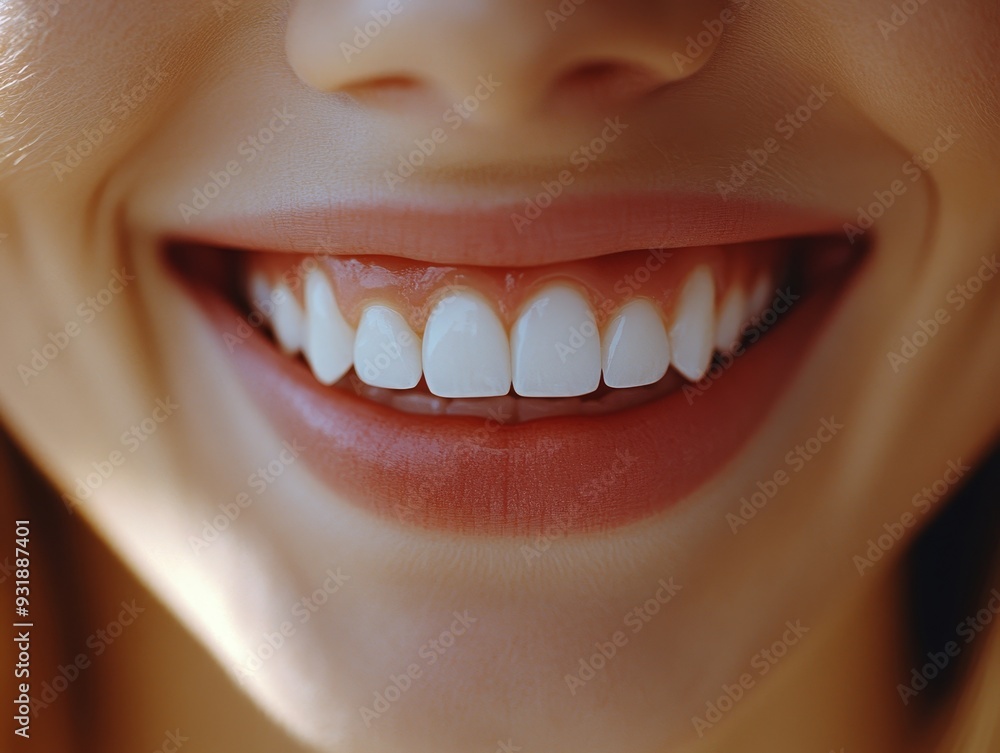 Fototapeta premium Closeup Perspective of a Smiling Mouth with Perfect White Teeth Emphasizing the Beauty of a Radiant Smile