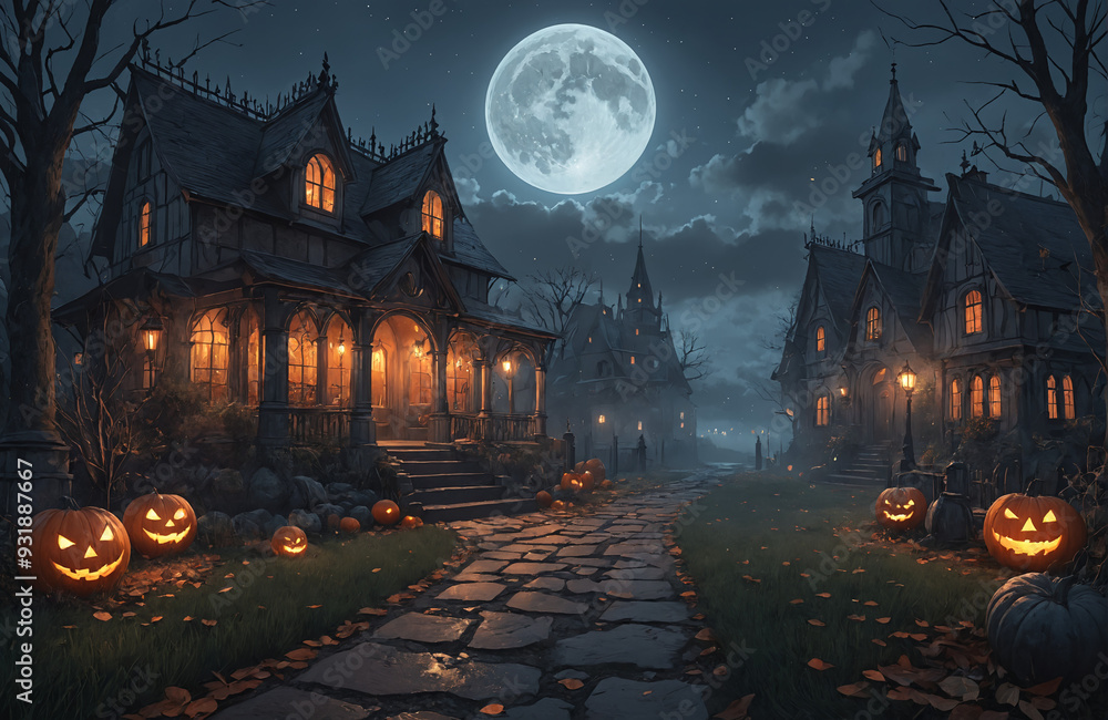 3d halloween render haunted house moon night pumpkin 3d halloween render haunted house moon night pumpkin