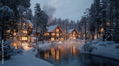 Fototapeta Naklejka Na Ścianę i Meble -  A small town with a river running through it. The houses are lit up and there is a fire in the background. Scene is cozy and peaceful