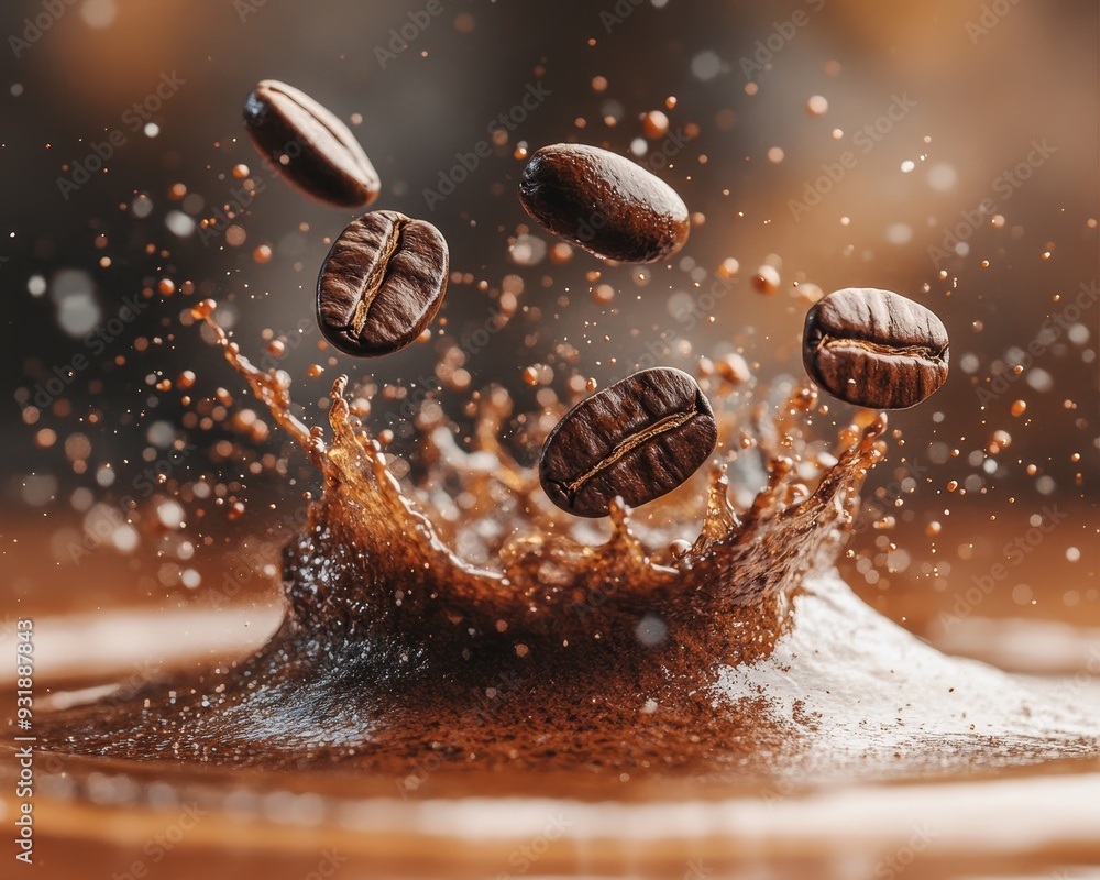 Coffee Bean Splash Closeup of coffee beans falling into a dark liquid creating a dynamic textured splash with bokeh background Coffee Bean Splash Closeup of coffee beans falling into a dark liquid creating a dynamic textured splash with bokeh background