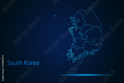 Abstract High Detailed Glow Blue Map on Dark Background of Map of South Korea symbol for your web site design map logo, app, Travel. Vector illustration eps 10.	
