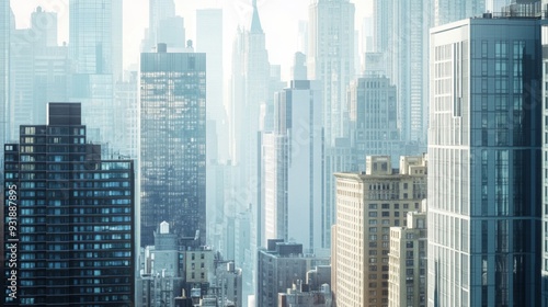 Detailed shot of a city skyline featuring multiple tall buildings, with emphasis on the architectural details and the contrast with the surrounding cityscape.