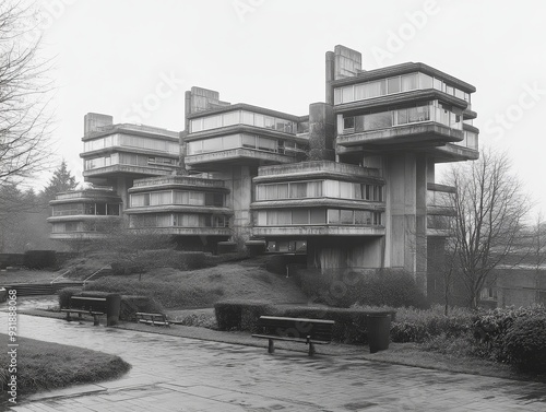 Concrete Brutalist Architecture A LowAngle Perspective of a MultiLevel Building with Geometric Windows Emphasizing Concrete Textures and Minimalist Design photo