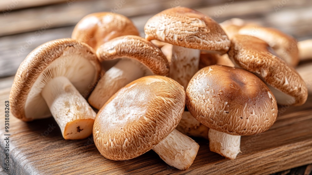 Detailed shot of a cluster of shiitake mushrooms on a wooden cutting board, emphasizing their distinctive, glossy caps and the fine details of their stems.