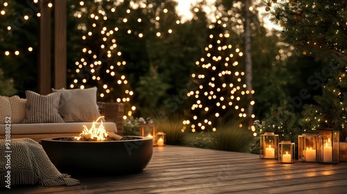 A cozy outdoor setting with a fire pit and Christmas lights. The fire pit is surrounded by a wooden deck and there are several candles and lanterns scattered around the area. The atmosphere is warm photo