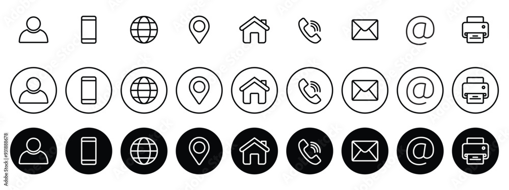 Contact us icon set. Business card, Containing user, Phone, Website, Location, Address, telephone, mail, fax, symbol sign for apps and website, Communication contact, vector illustration. Contact us icon set. Business card, Containing user, Phone, Website, Location, Address, telephone, mail, fax, symbol sign for apps and website, Communication contact, vector illustration.